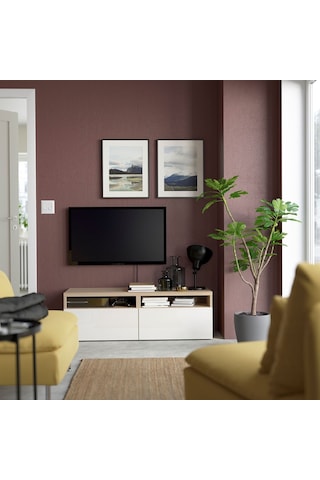 Tv Sehpası, Ağartılmış Meşe Görünümlü-parlak Cila-beyaz, 120x42x39 Cm, Selsvıken, Çıt Çıt Raylı Beyaz