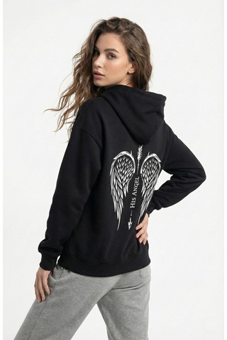 Nevermind Unisex His Angel & Her Guardian Baskılı Sevgili Kombini Hoodie Se Siyah