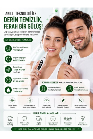Diş Eti Sensörlü 500mah Şarjlı 5 Modlu Ultrasonik Akıllı Diş Taşı Plak Temizleme Cihazı