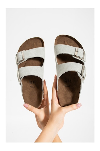 Favorispor Birkenstocs Unisex Ortopedik Tabanlı Terlik Çift Bantlı Tokalı Günlük Rahat Ev & Dışarı Terliği Taş Gri