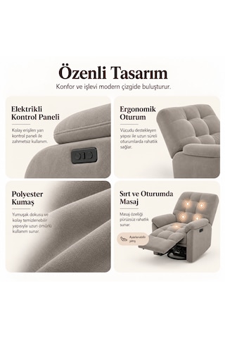 Smarto Relax Porto Masajlı Elektrikli Döner Sallanan Tv Koltuğu Kontrol Panelli Ergonomik Polyester Baba Koltuğu Ekru
