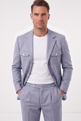 Rizzup Erkek Mavi Safari Ceketli Slim Fit 2'li Takım Elbise Pileli Duble Paça Pantolon 2600723