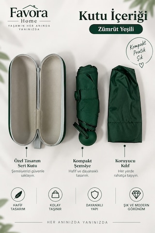 Favora Rainbox Kapsül Şemsiye - Kutulu Mini Katlanır Çanta Boy Şemsiye Zümrüt Yeşili