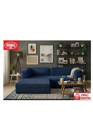 Herev 180x180 Cm 50 Dns Modüler Köşe Koltuk Fitilli Kadife Kumaş, Yatak Olabilen, Modern Tasarım Şark Köşe Lacivert