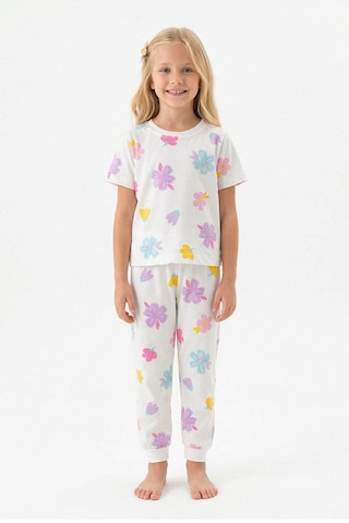 Zuzunga Pastel Renkli Çiçek Desenli Beyaz Kız Çocuk Pamuk Pijama Takımı