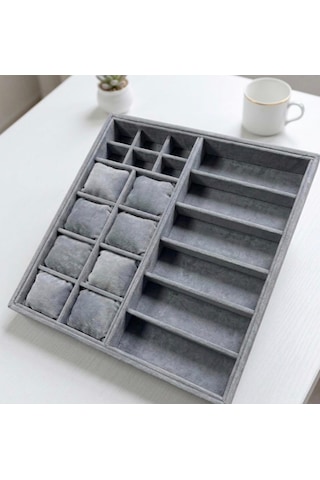 20 Bölmeli 8+6+6 Ahşap Üzeri Baby Face Kadife Kumaş Saa- Takı Ve Yüzük Standı - Organizeri Ebat 38x36x5 Gri
