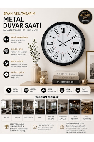 Siyah Asil Tasarım Roma Rakamlı 40 Cm Metal Duvar Saati
