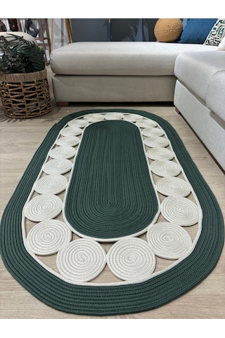 Mavaux Cookie Jüt Hasırlı El Örgüsü Kilim Krem - Yeşil