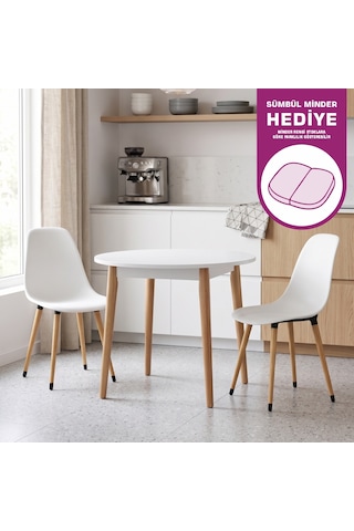 Vilinze Eames Sandalye Avanos Yuvarlak Ahşap Mutfak Masası Takımı - 90x90 Cm Natürel