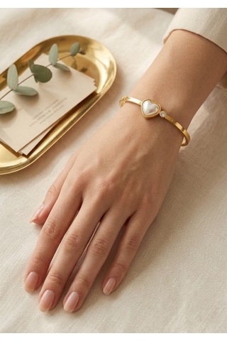 Kadın Gold Kalp İncili Kelepçe Bilezik - Premium Kararmaz Çelik
