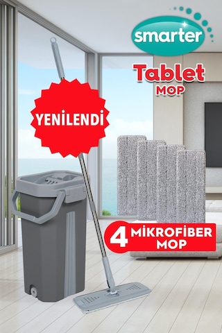 Smarter Gri Tablet Mop + Yedek Mikrofiber Mop 4'lü