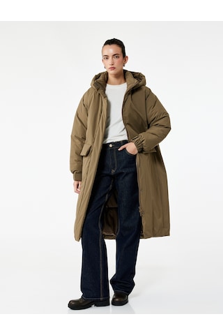 Koton Çıkarılabilir Kapüşonlu Uzun Kollu Fermuarlı Anorak Su İtici Oversize Uzun Mont Haki 6wak00155ew Haki