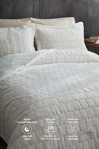 Evlen Home Çift Taraflı Kişilik Kürk Yatak Örtüsü Uyku Seti Yumuşak Dolgulu Wellsoft Peluş 3 Parça Benita Krem Krem