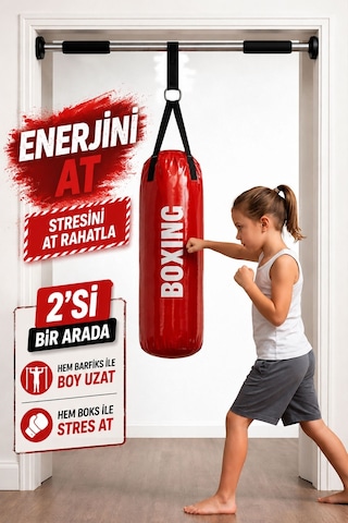 53 Cm x 20 Cm Çocuk Kırmızı Boks Torbası + Barfiks Asma Demiri Kırmızı