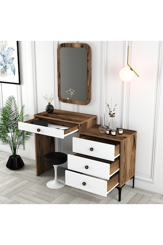 Lizbon Makyaj Masası Aynalı - Ceviz / Beyaz