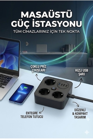 Akım Korumalı Avrupa Soket Kartı Tip-c Usb 2 M Uzatma Kablosu Emniyet Anahtarı İle