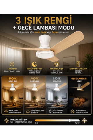 80 Cm Akıllı Tavan Vantilatörü Led Aydınlatmalı Kumandalı & Telefon Kontrollü, 6 Hız, 3 Işık Rengi, Yaz/kış Modu, Sessiz Motor