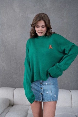 Park Karon Kadın Yeşil Dik Yaka Oversize Nakışlı Triko Kazak 224301 Yeşil