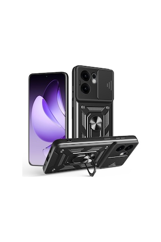 Oppo Reno 13f 5g Kılıf Magnetik Standlı Kamera Korumalı Zore Sürgülü Vega Kapak Siyah