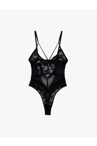 Koton Derin V Yaka İnce Askılı Transparan Dantelli Bodysuit Siyah 6wlk00004mk Siyah
