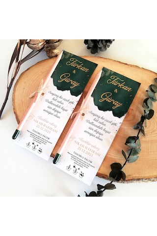Yeşil Gold Detaylı Söz Nişan Nikah Hediye Tohumlu Kalem 30 Adet