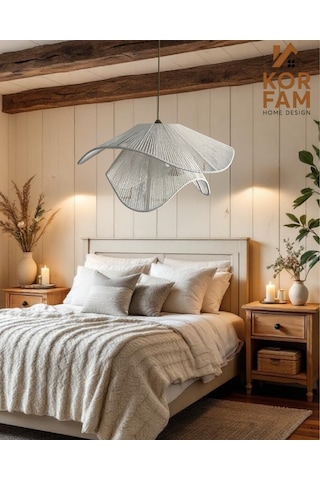 Breeze Modeli - Hasır El Yapımı Bohem Asimetrik Şekilli Rustik Avize - Beyaz Beyaz