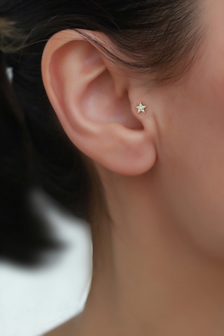 14 Ayar Altın Taşlı Yıldız Tragus Piercing Sarı