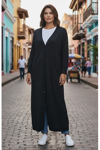 Kadın Önü Düğmeli V Yaka Cepli Mevsimlik Hırka Siyah