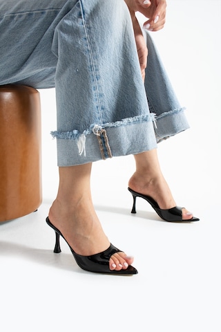 Apelles Shoes Kadın Rugan İnce Topuklu Sivri Burun Terlik Siyah