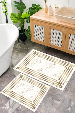 Dijital Baskı Mermer Desenli Kaymaz Taban 2li Set Banyo Paspası Klozet Takımı 50x60cm-60x100cm Gold