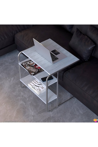 Modilayn C Yan Sehpa Geniş Boy Tekerlekli Çalışma, Atıştırmalık, Yemek, Laptop Sehpası Beyaz Çizgili Beyaz