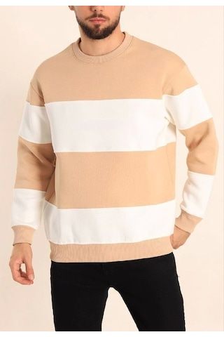 Veraura Lifestyle Parçalı Bisiklet Yaka Baskılı Sweatshirt - Bej