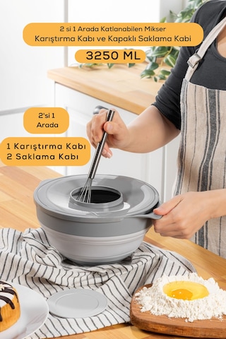 Katlanabilir Silikon Gri Mikser Karıştırma Çırpma Saklama Kabı 3,25 Lt Mıt1285 Gri