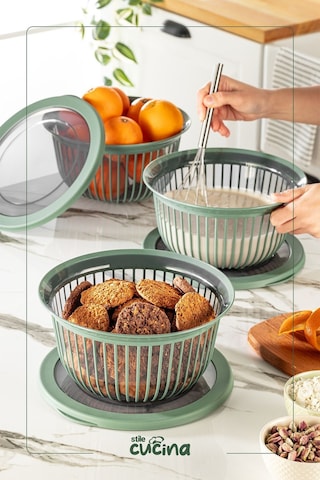 Linea 3 Adet 3 Litre Yuvarlak Sızdırmaz Çerez & Meyve & Bakliyat Saklama Kabı Yeşil Yeşil