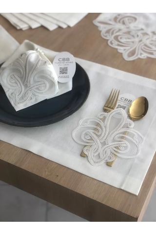 Gees Global Sofra Takımı Taç Gardenya Keten Yemek Takımı 160x260 Masa Seti 26 Parça Runner Set Krem Gbzs