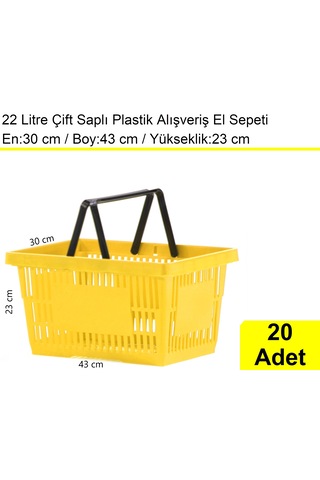 Plastik Alışveriş El Sepeti Çift Saplı 22 Litre Sarı 20 Adet / En:30 Boy:43 Yükseklik:22 Cm Sarı