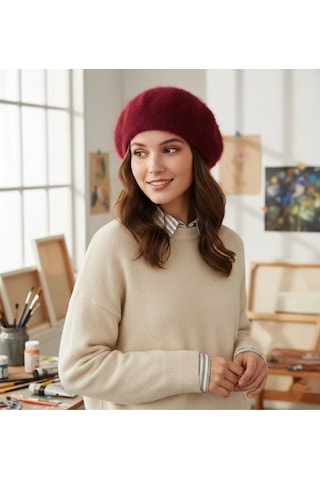 Derikem Fransız Tüylü Peluş Ressam Bere Kadın Şapka Bordo