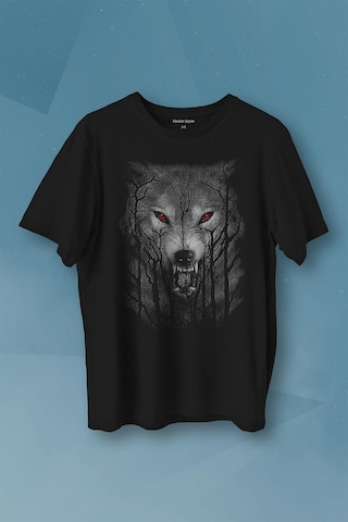 Gece Vahşi Ormada Bozkurt Bordo Maviz Gözlü Kurt Wolf Gri Baskılı Tişört Unisex T-shirt 001