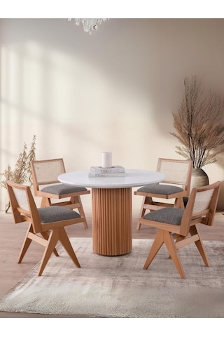 Miles İskandinav Natural Ahşap Bohem Masa Sandalye Takımı 100x100 Meşe - Beyaz