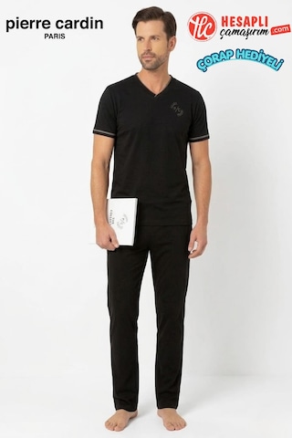 Pierre Cardin Paris Premium Erkek V Yaka Cepli %100 Pamuklu Penye Rahat Kalıp Kısa Kollu Pijama Takım Siyah