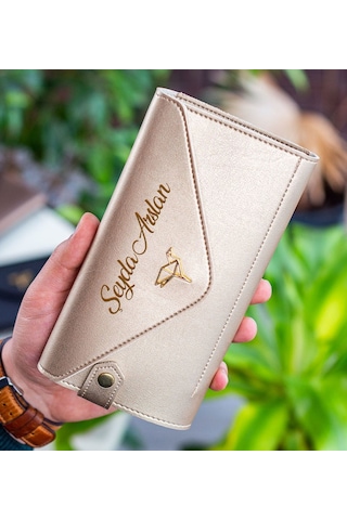 Bk Gift Kişiye Özel İsimli Telefon Ve Bozuk Para Bölmeli Zarf Model Gold Kadın Cüzdanı, Sevgiliye Hediye, Anneye Hediye