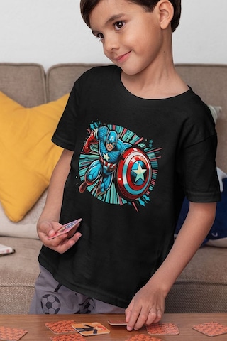Sevbano Kaptan Amerika Baskılı Unisex Film Kahramanı Çocuk Tişört 1-12 Y Siyah