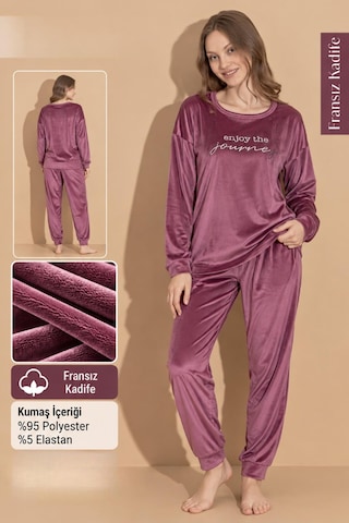 Boyraz Kadın Kışlık Fransız Kadife Bisiklet Yaka Uzun Kol Pijama Takımı 03409- 1 Adet Gül Kurusu