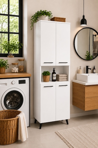 Reyo Enda Home Listra 4 Kapaklı Çok Amaçlı Dolap 170,8 Cm, Raflı, Ayaklı Depolama Dolabı - Beyaz