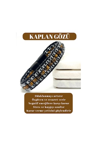 Sertifikalı Kaplan Gözü Disk Model Doğal Taş Erkek Bileklik Kilitli Kapama Kahverengi