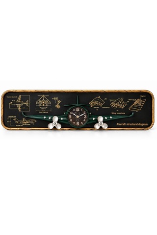 Nostaljik Uçak Temalı Kırmızı Pano Saat - 77 Cm Kahverengi - Yeşil