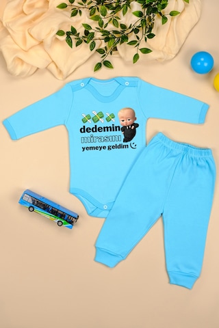 Bebetospik %100 Pamuklu Dedemin Mirasını Yemeye Geldim Baskılı Kız - Erkek Bebek & Çocuk Takım Mavi