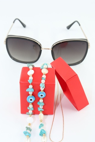 Boncuklu Gözlük İpi. Gözlük Zinciri. Tasarım İncili Doğal Taşlı. Gözlük İpi. Gözlük İpi Askısı. Beyaz - Mavi