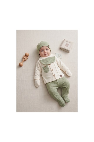 Deniva Kids %100 Pamuklu Fitilli Triko Dokulu 5'li Yenidoğan Hastane Çıkışı Bebek Takımı - Adaçayı Yeşili - Bej 0 - 3 Ay