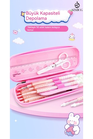 Karikatür Büyük Kapasiteli Su Geçirmez Çift Katmanlı Plastik Kalem Kutusu Pembe